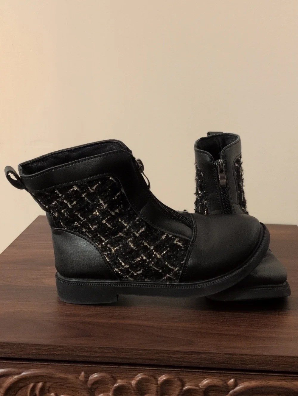 Kids Black Tweed-Panel Ankle Boots Size 1 1/2